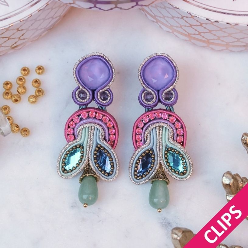 Schmale Soutache-Ohrclips in zartem Violett, Blau, Türkis und Pink