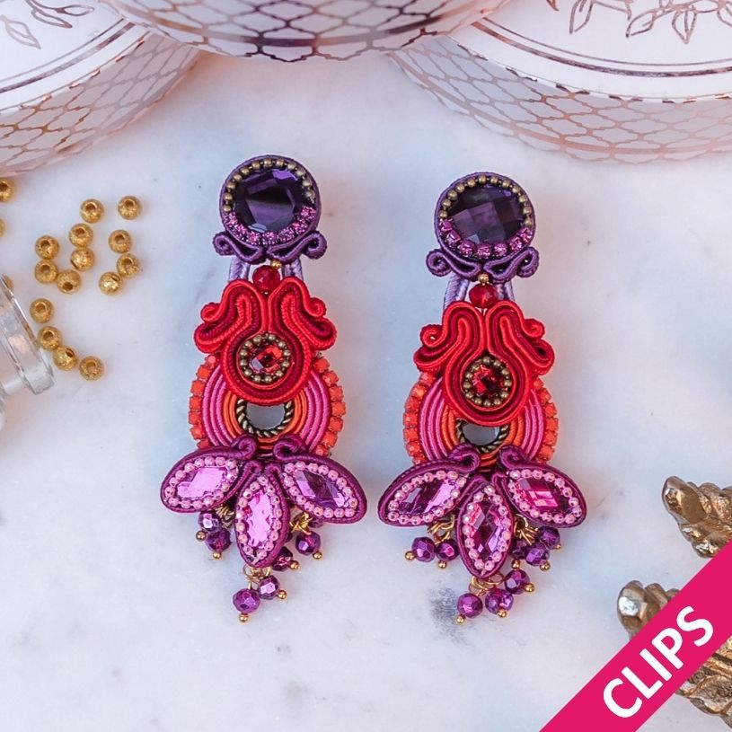Extravagante Soutacheohrclips in Magenta, Violett, Pink und Rot
