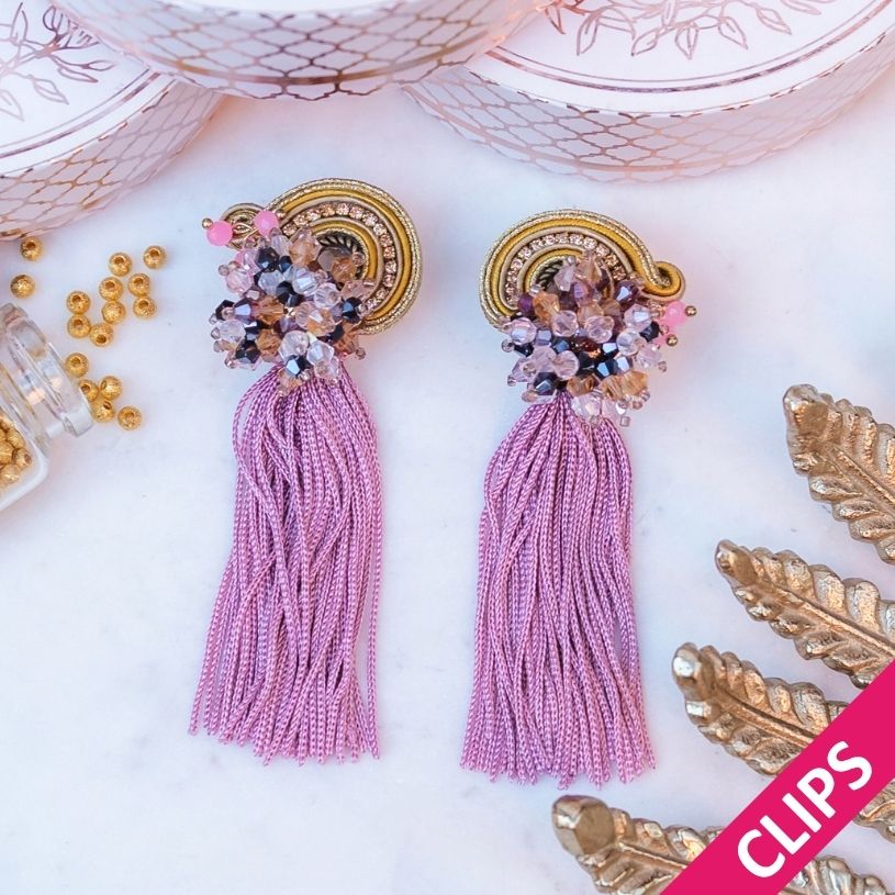 Trendige Soutache-Ohrclips in Gelb und Rosa mit Quaste
