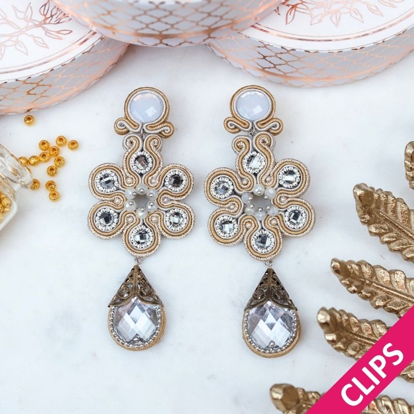 Tropfen-Soutacheohrclips in Weiß und Champagner