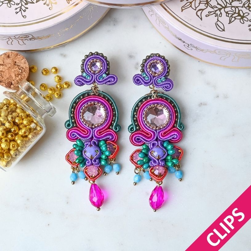 Vorbestellbar - Farbenfrohe Soutache-Ohrclips in Pink, Grün, Blau und Violett