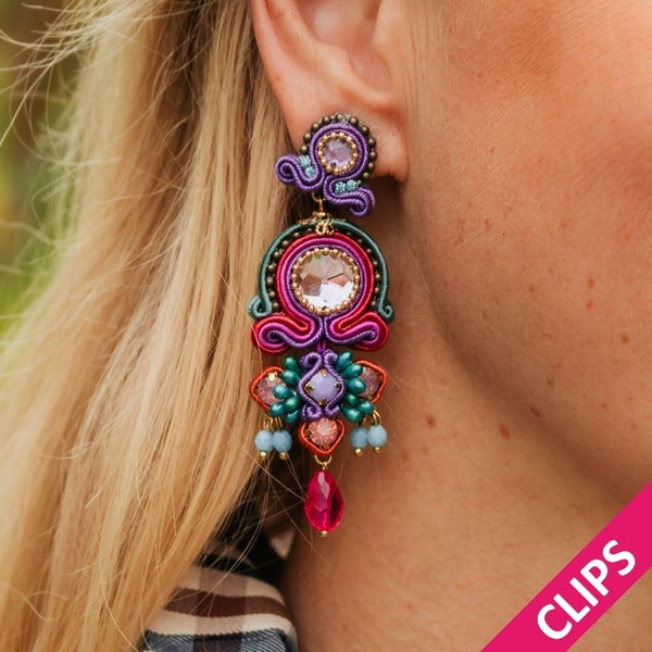 Vorbestellbar - Farbenfrohe Soutache-Ohrclips in Pink, Grün, Blau und Violett