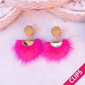 Vergoldete Knoten-Ohrclips mit Puschel-Fächer in Pink