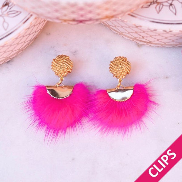 Vergoldete Knoten-Ohrclips mit Puschel-Fächer in Pink