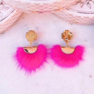 Vergoldete Knoten-Ohrclips mit Puschel-Fächer in Pink