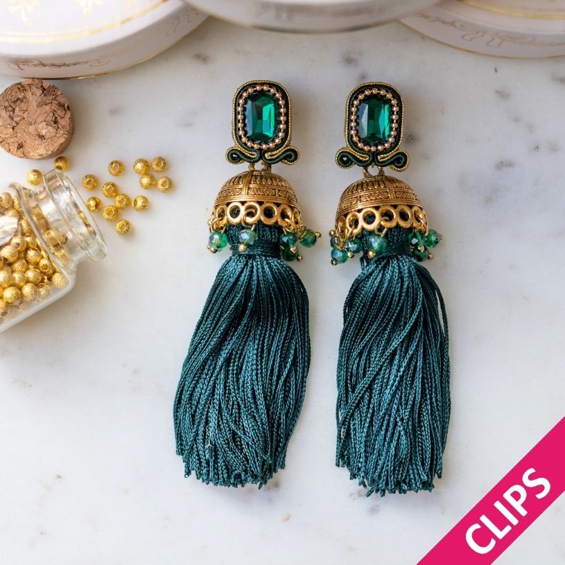 Vorbestellbar - Elegante Soutache-Quastenohrclips in Dunkelgrün