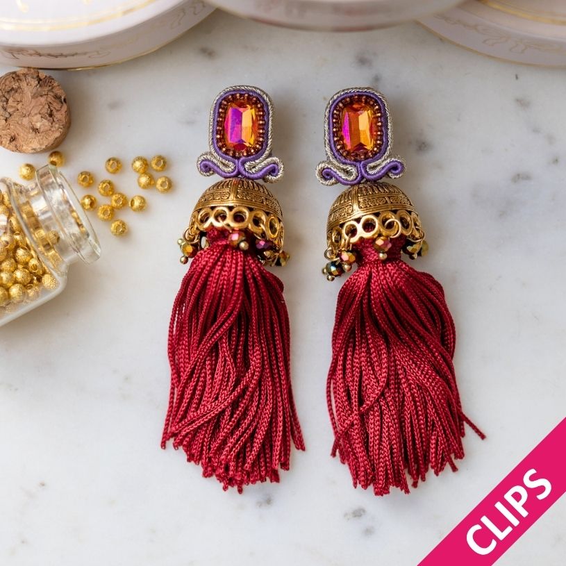 Vorbestellbar - Elegante Soutache-Quastenohrclips in Dunkelrot