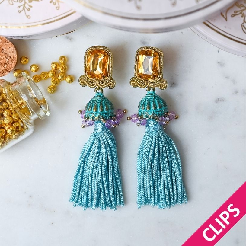 Vorbestellbar - Elegante Soutache-Quastenohrclips in Türkis, Gelb und Violett