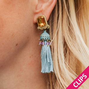 Vorbestellbar - Elegante Soutache-Quastenohrclips in Türkis, Gelb und Violett