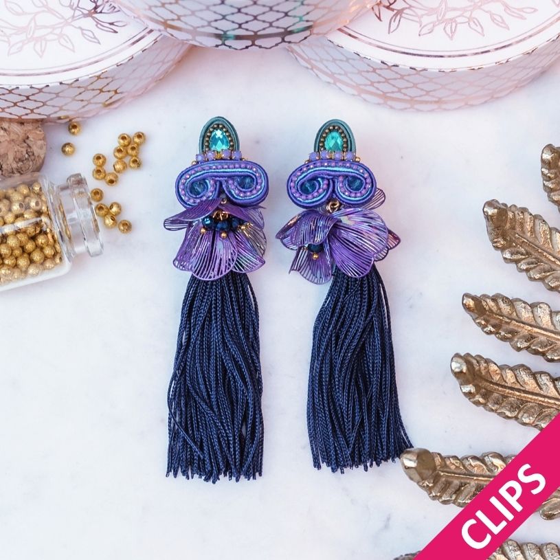 Anmutige Quasten-Soutache-Ohrclips in Violett und Blau