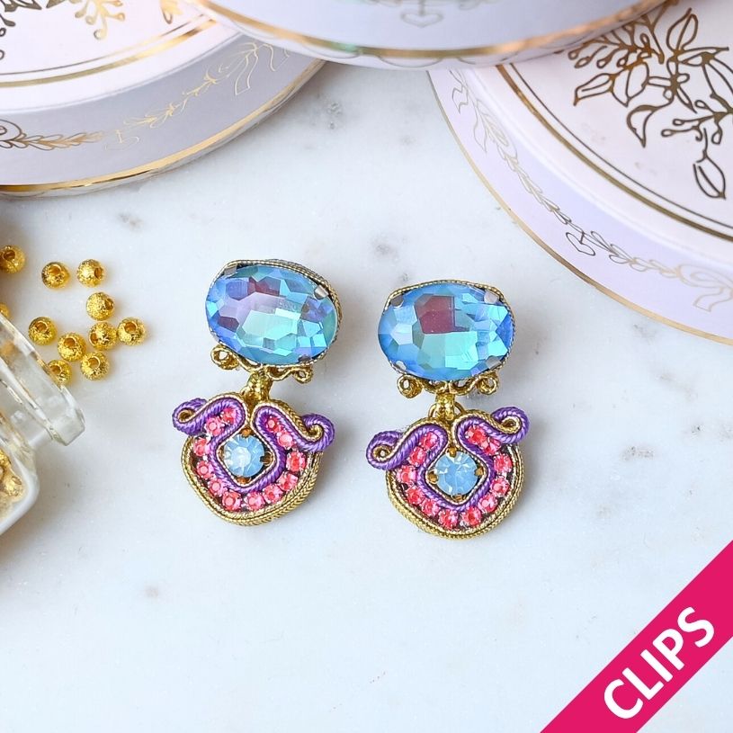 Vorbestellbar - Kleine Soutache-Ohrclips in Blau, Pink und Violett