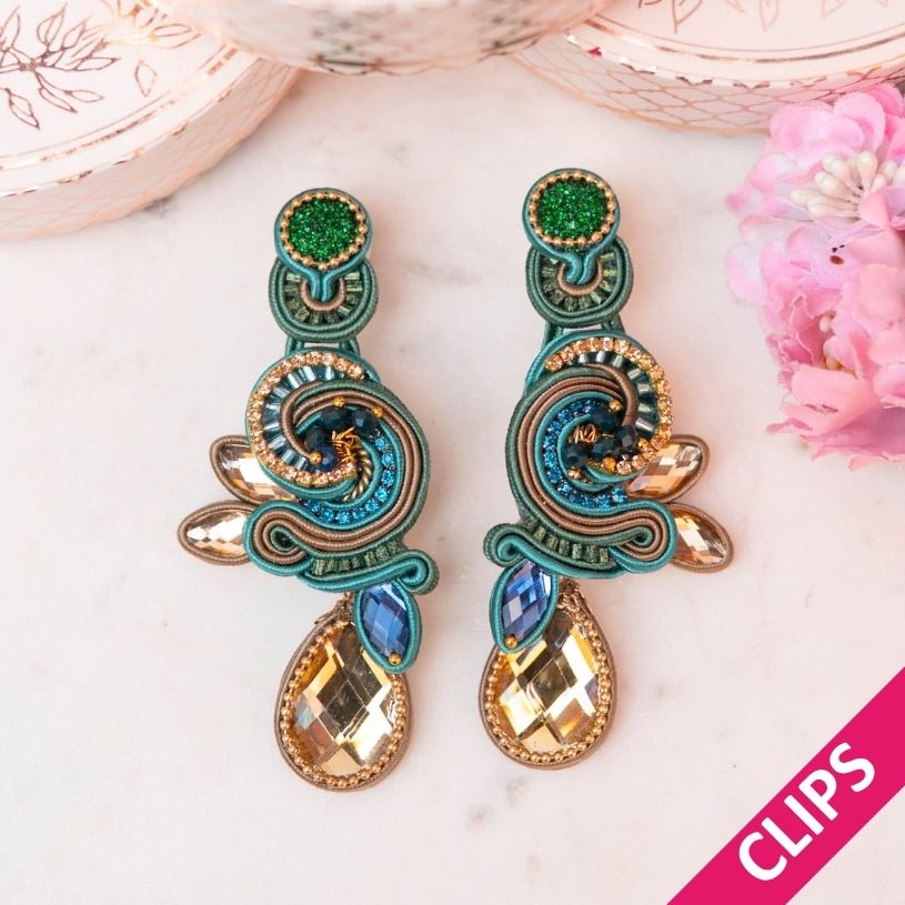 Stilvolle Soutache-Ohrclips in Blau, Türkis und Grün