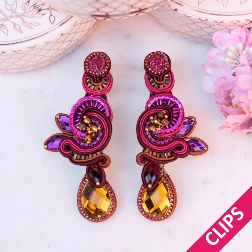 Stilvolle Soutache-Ohrclips in Pink, Violett und Braun