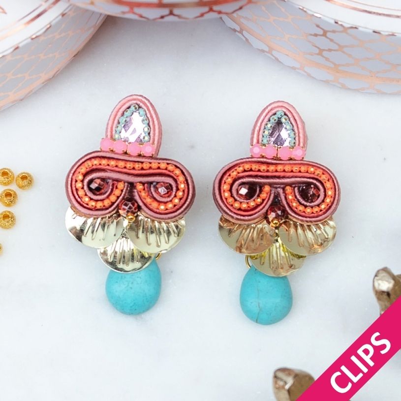 Modische Soutache-Ohrclips in Rosa, Orange, Türkis und Gold