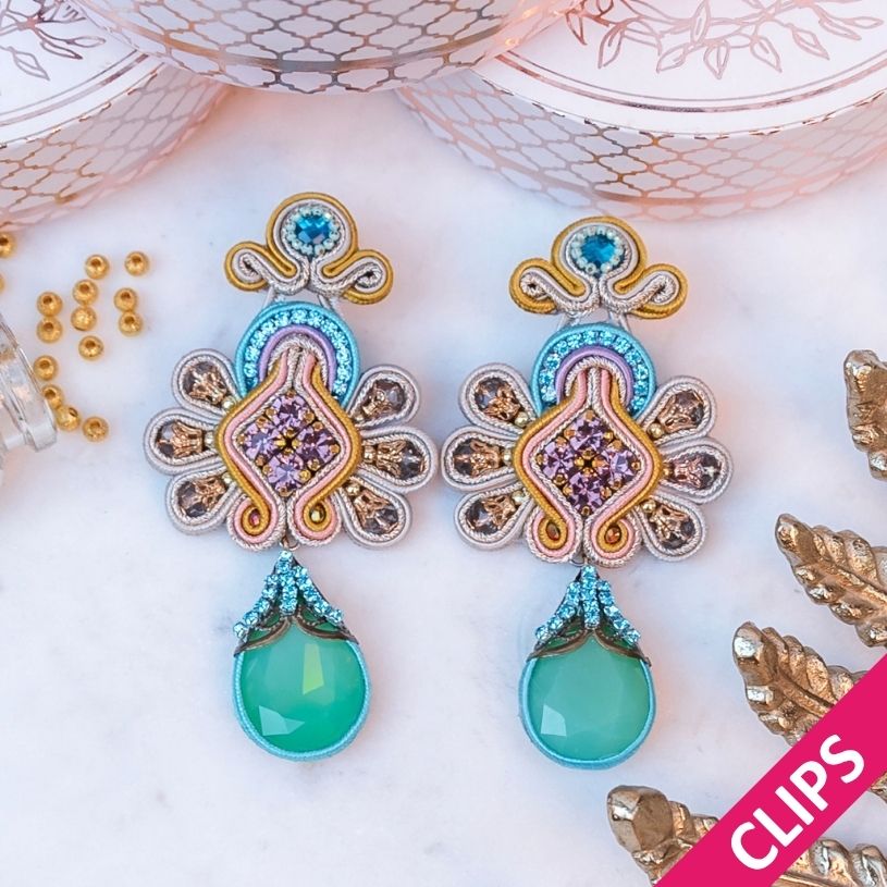 Kunstvolle Soutacheohrclips in Türkis, Blau, Rosa, Gelb und Hellkorall