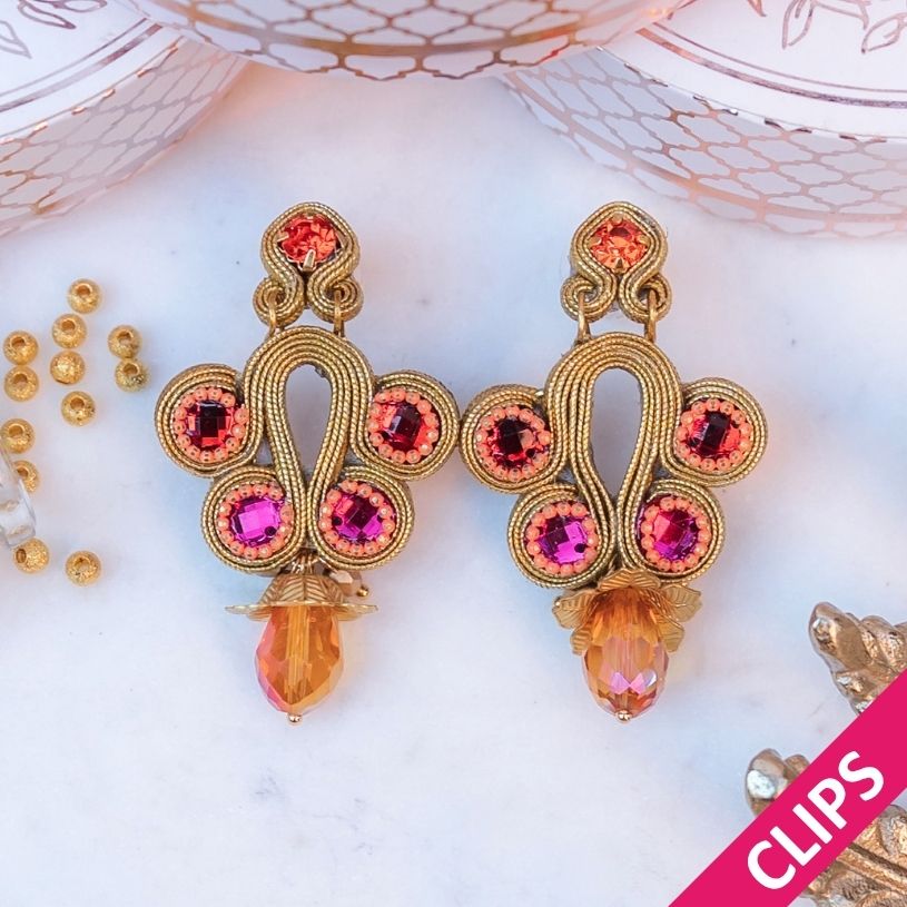 Stilbewusste Soutacheohrclips in Gold, Orange und Pink