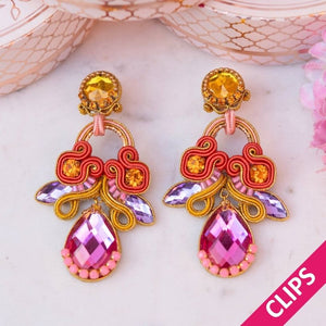 Hochwertige Soutache-Ohrclips in Pink, Orange, Gelb und Violett