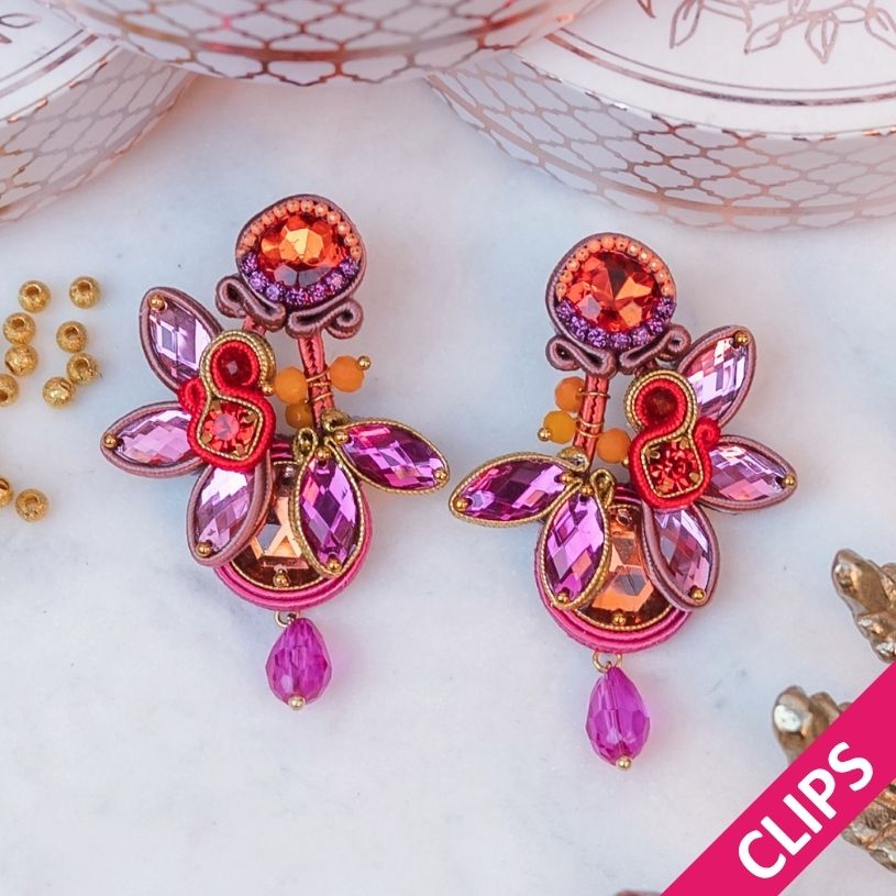 Auffällige Soutache-Ohrclips in Pink und Orange