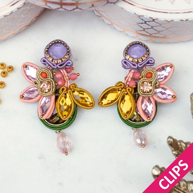 Auffällige Soutache-Ohrclips in Rosa, Gelb, Grün und Flieder
