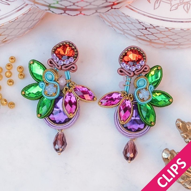 Auffällige Soutache-Ohrclips in Violett, Grün, Orange und Pink