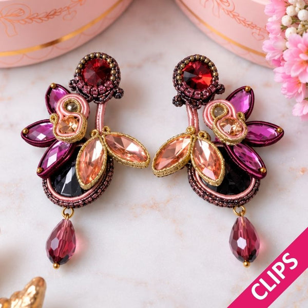 Auffällige Soutache-Ohrclips in Violett, Rosa und Braun