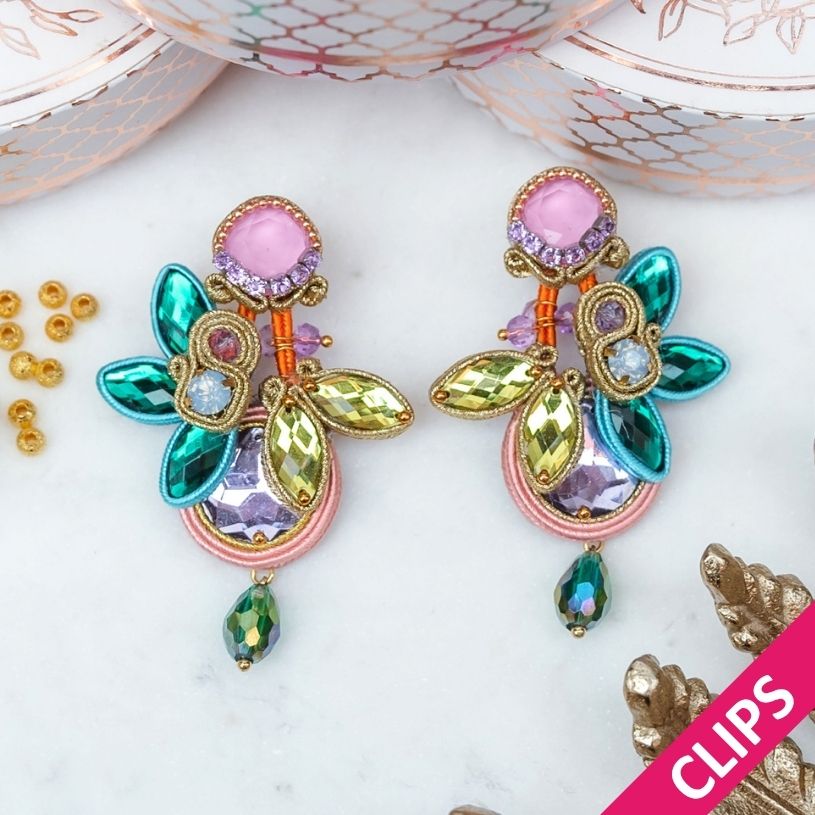 Auffällige Soutache-Ohrclips in Rosa, Grün und Gelb