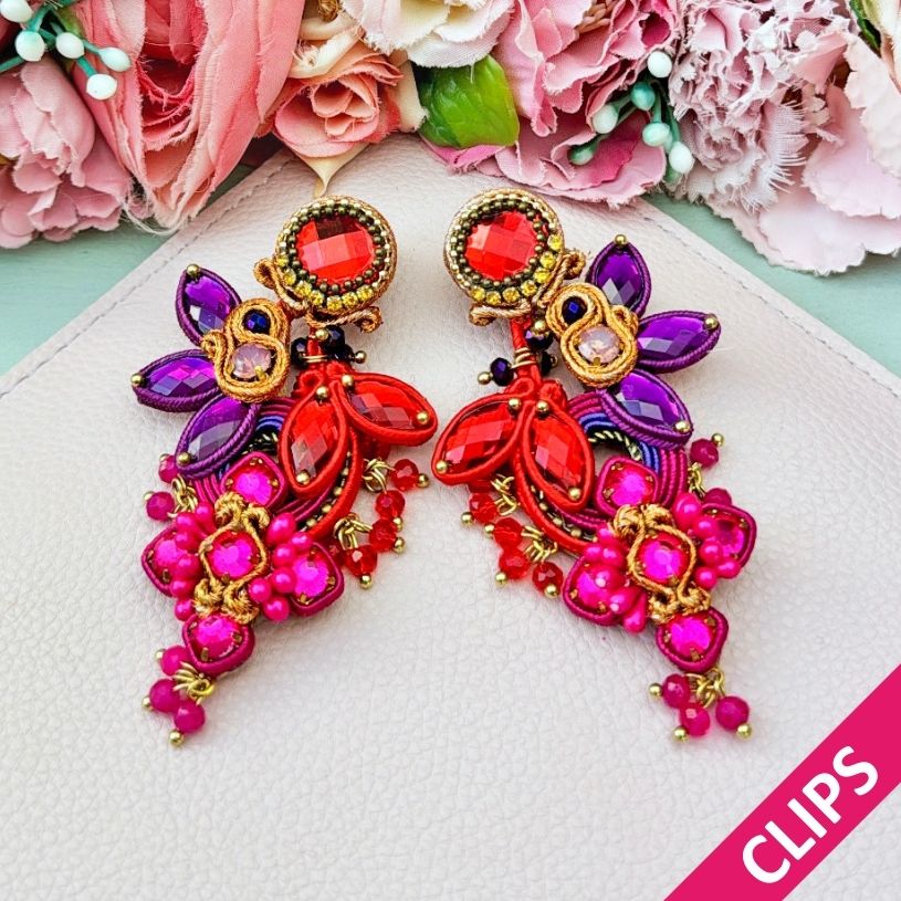 Große Soutache-Ohrclips in Orange, Pink, Rot und Violett
