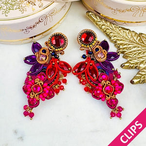 Große Soutache-Ohrclips in Orange, Pink, Rot und Violett