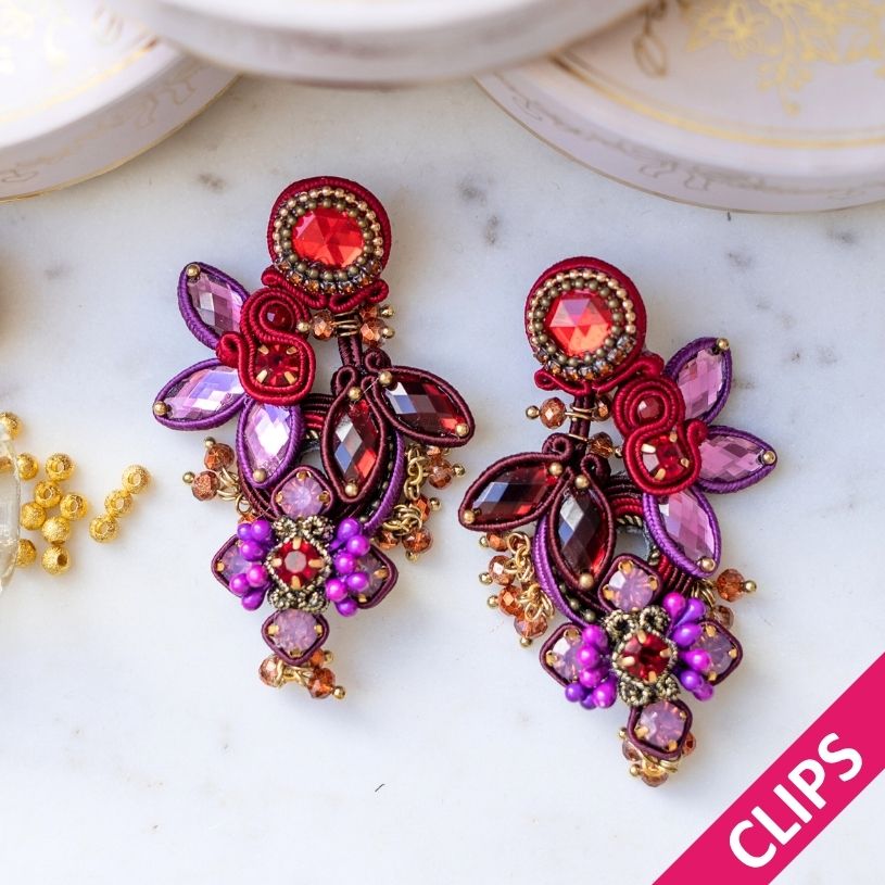 Vorbestellbar - Große Soutache-Ohrclips in Rot, Magenta und Violett