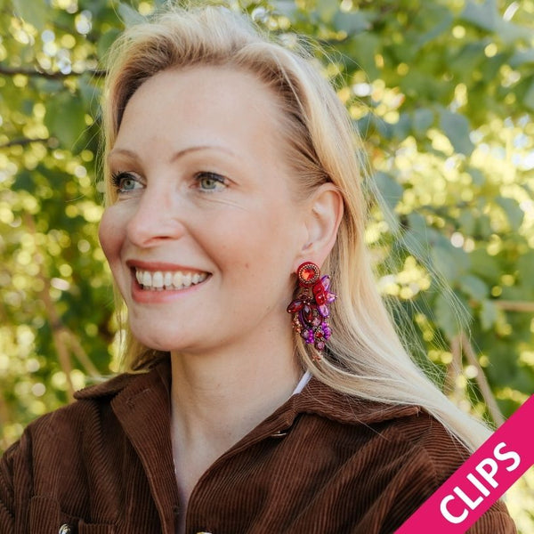 Vorbestellbar - Große Soutache-Ohrclips in Rot, Magenta und Violett