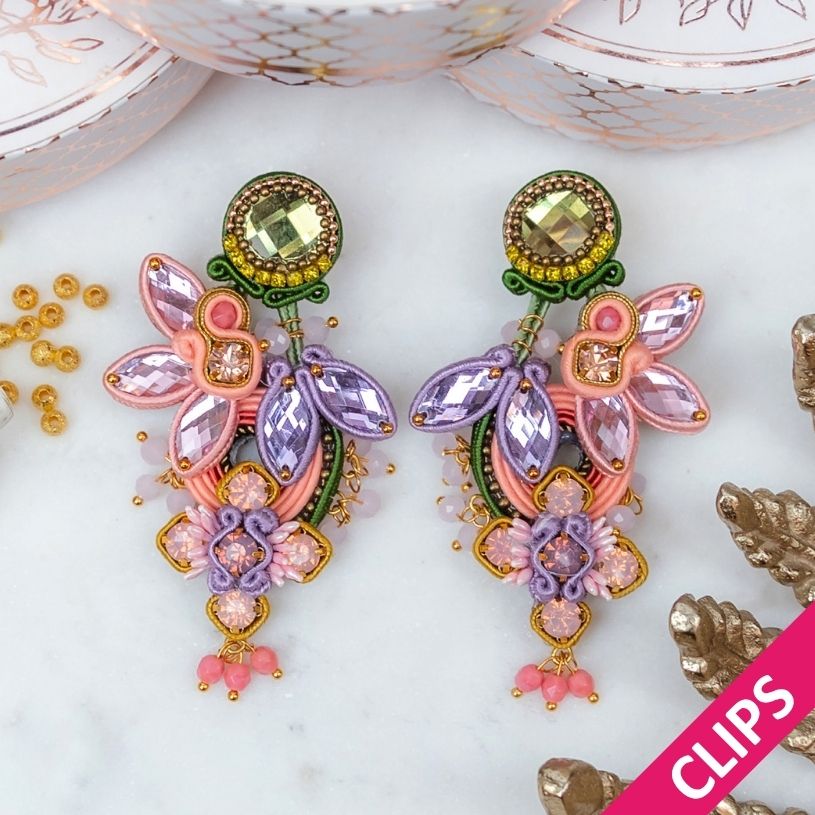 Große Soutache-Ohrclips in Hellkorall, Rosa, Grün und Flieder