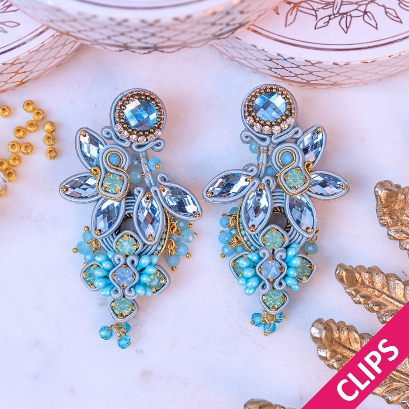 Große Soutache-Ohrclips in zarten Hellblautönen