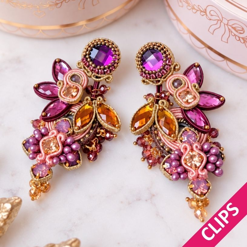 Große Soutache-Ohrclips in Violett, Rosa und Gold