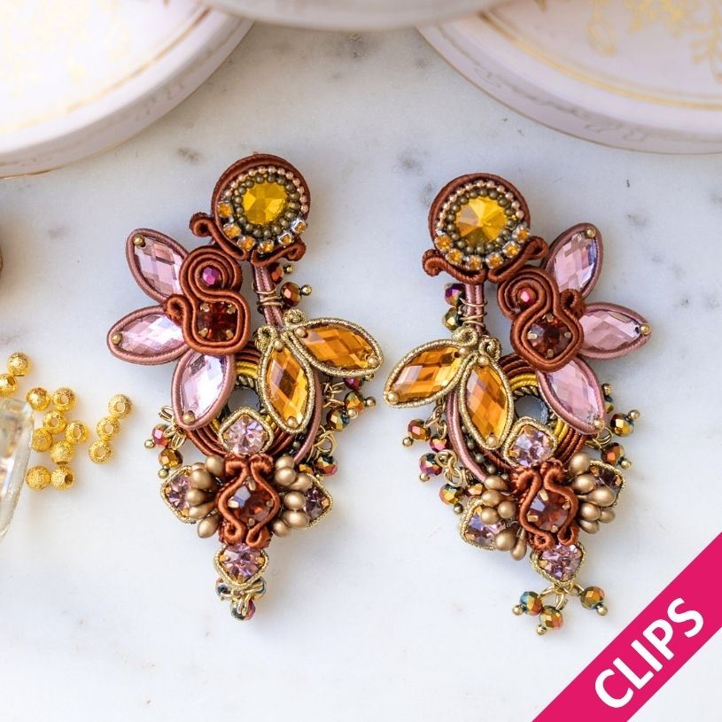 Vorbestellbar - Große Soutache-Ohrclips in pastelligem Braun, Rosa und Orange