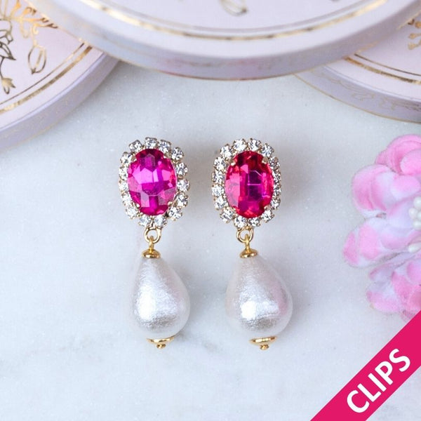 Edel funkelnde Ohrclips in Pink mit leichtem Baumwolltropfen