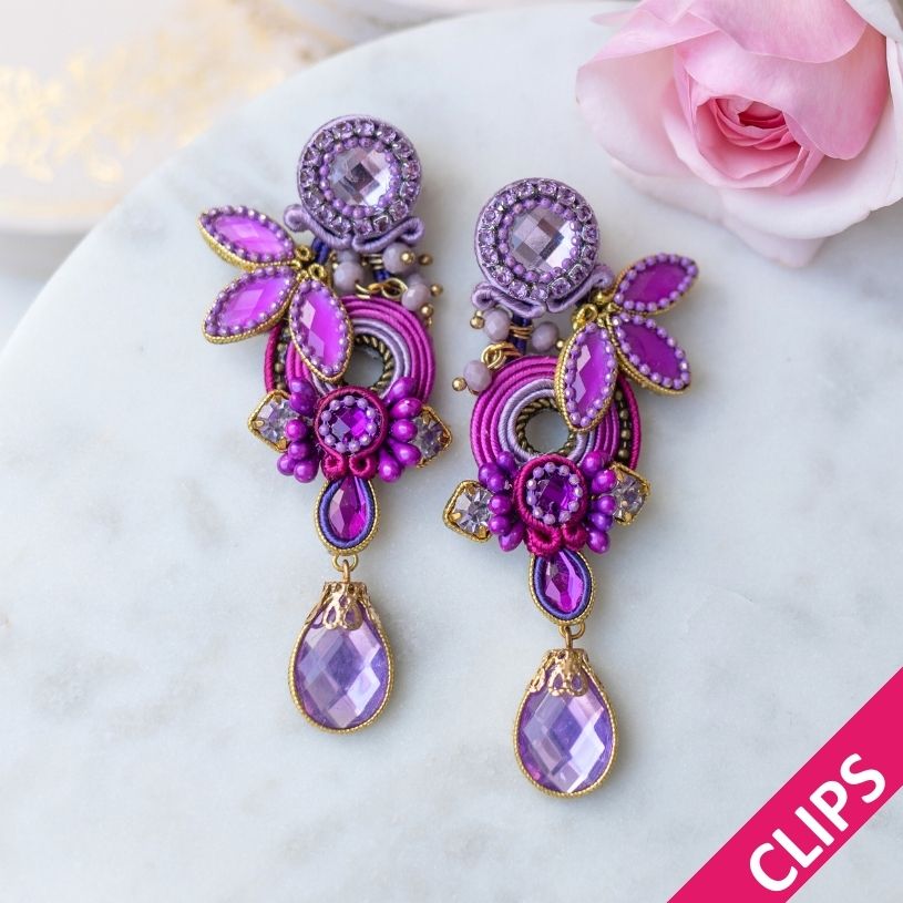 Florale Soutache-Ohrclips in Magenta, Flieder und Pink