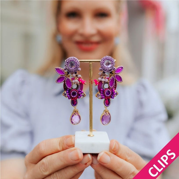 Florale Soutache-Ohrclips in Magenta, Flieder und Pink