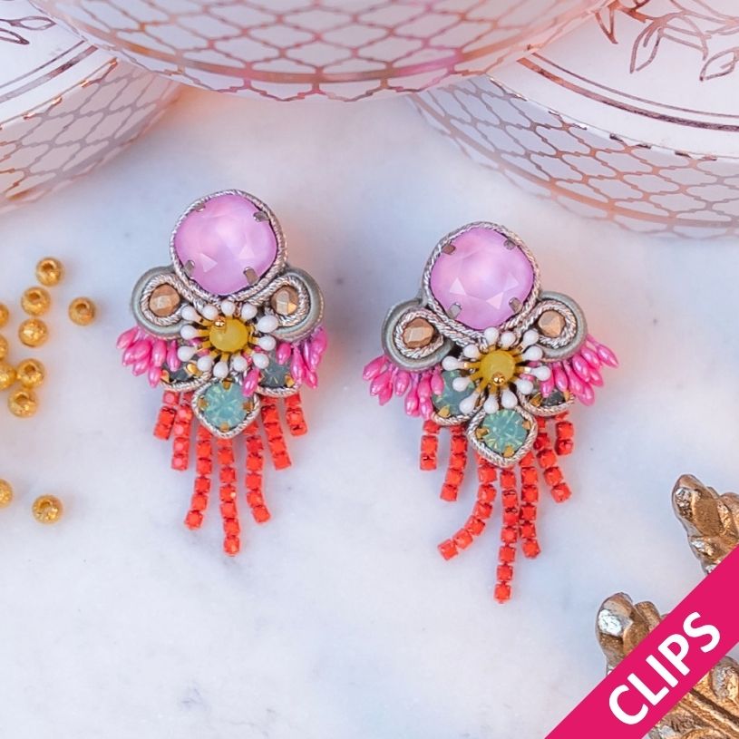 Raffinierte Soutache-Ohrclips in Rosa, Pink, Rot und Türkis