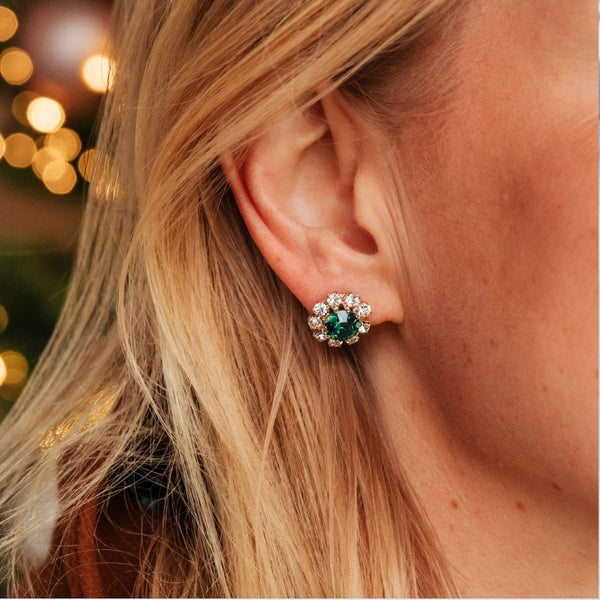 Runde Ohrstecker aus Glas-Kristallen in Dunkelgrün