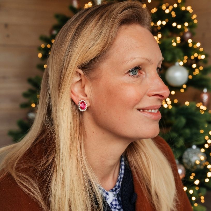 Ovale Ohrstecker aus Glas-Kristallen in Pink