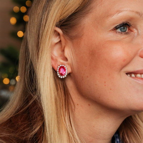 Ovale Ohrstecker aus Glas-Kristallen in Pink