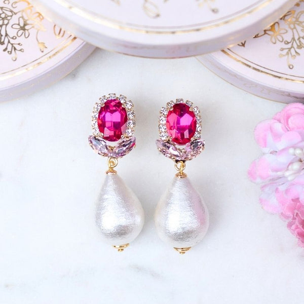 Pink-Rosafarbene Glas-Kristall-Ohrstecker mit Baumwolltropfen