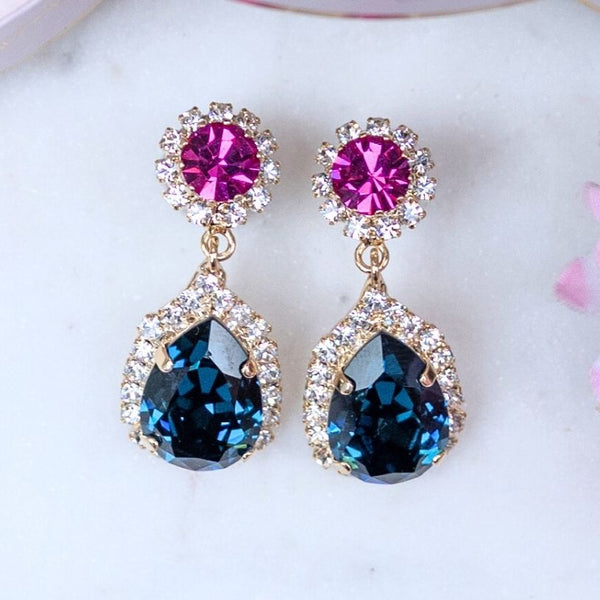 Pinke Glas-Kristall-Ohrstecker mit dunkelblauem Kristalltropfen