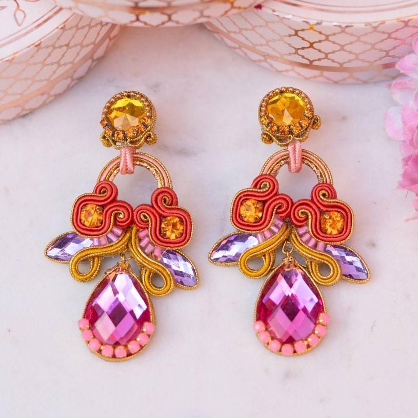 Hochwertige Soutache-Ohrringe in Pink, Orange, Gelb und Violett