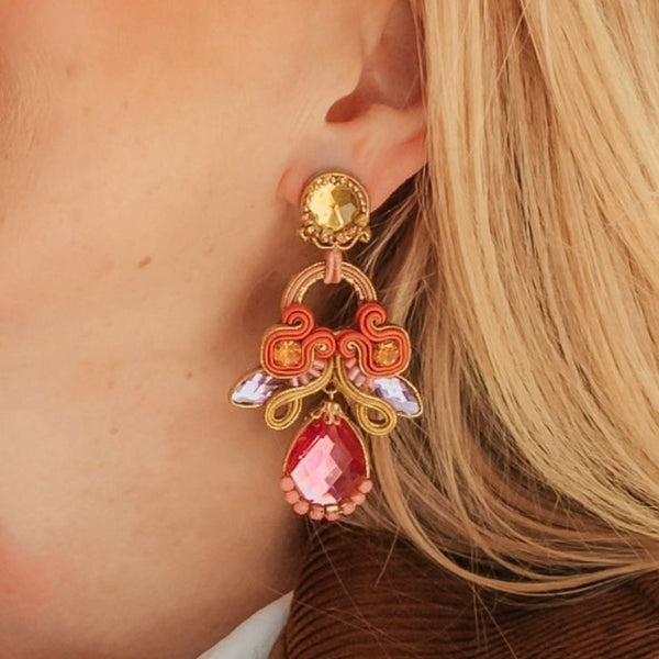 Hochwertige Soutache-Ohrringe in Pink, Orange, Gelb und Violett
