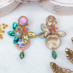 Auffällige Soutache-Ohrringe in Rosa, Grün und Gelb