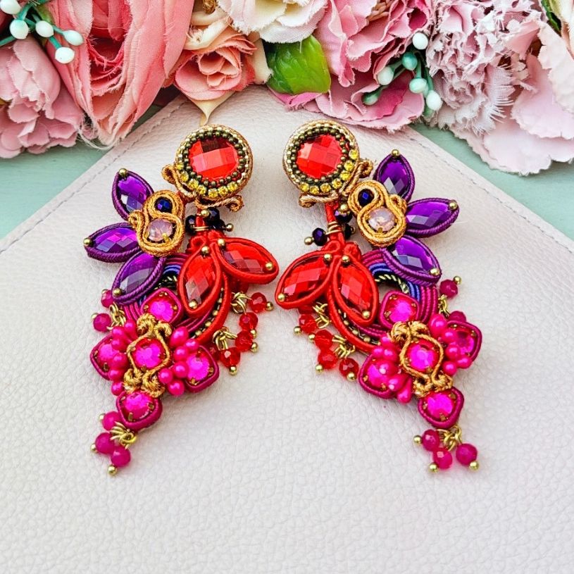 Große Soutache-Ohrringe in Orange, Pink, Rot und Violett
