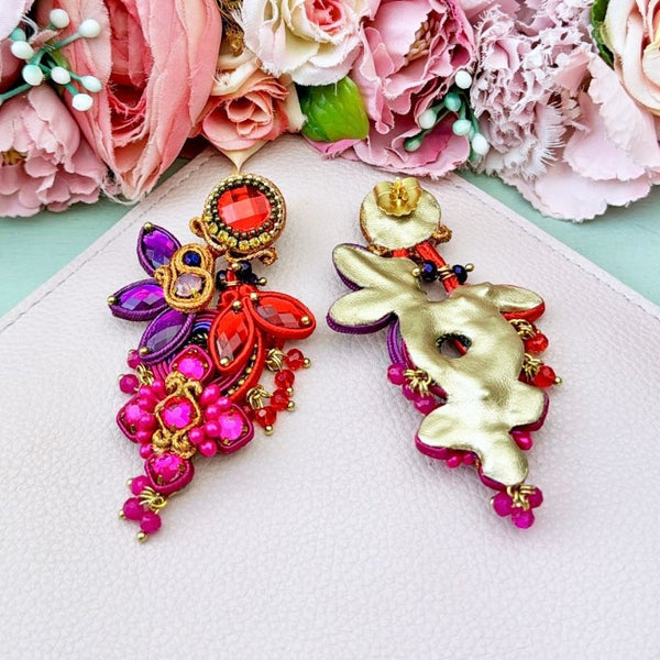 Große Soutache-Ohrringe in Orange, Pink, Rot und Violett