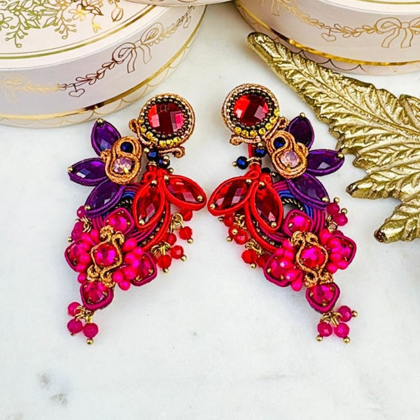 Große Soutache-Ohrringe in Orange, Pink, Rot und Violett