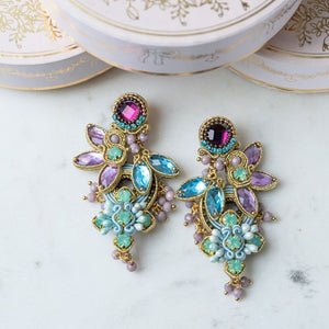 Große Soutache-Ohrringe in pastelligem Magenta, Rosa und Hellblau